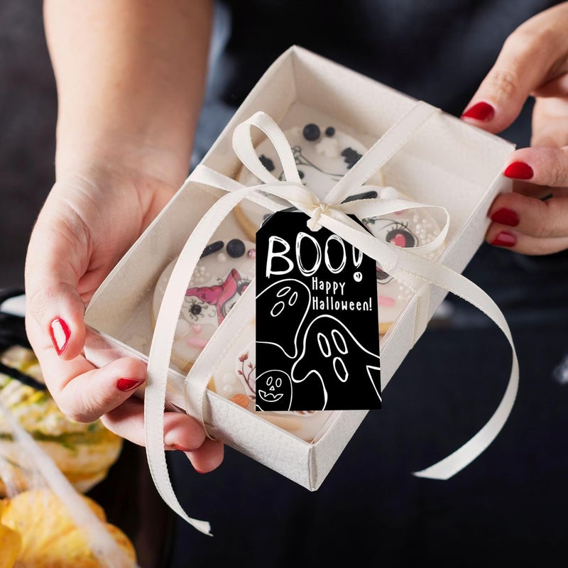 RPLCSPC Black Halloween Paper Gift Tags with String-50Pcs, Happy Halloween Cute Ghost Boo Tags for Goodie Bags, 2 x 3.5 Inch Writable Waterproof Hanging Labels for Decor Party Supplies, Gift Wrapping-B09 - Image 5